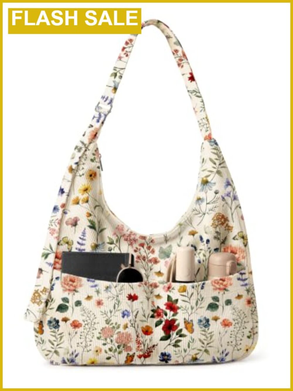 Corduroy Hobo Shoulder Crossbody Tote Bag with Zipper & Pockets
